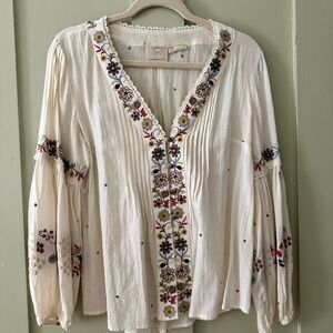 Anthropologie Embroidered Cream Blouse